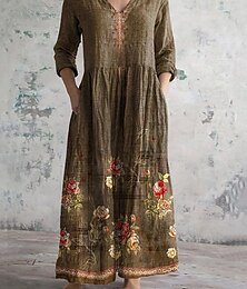 economico -Per donna Abito Midi Abito in cotone e lino Abito Boho Classico Moderno All'aperto Vacanza Ferie Vestibilità regolare Fiore Manica Lunga Scollo a V Viola Marrone Albicocca Beige Estate