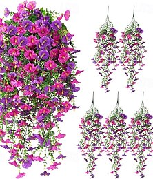 Недорогие -5 шт. искусственных подвесных цветов ипомеи для улицы, устойчивые к ультрафиолетовому излучению, искусственные петунии, реалистичные искусственные шелковые длинные лозы, эвкалипт ипомеи для улицы, внутреннего кашпо, крыльца, патио, домашнего декора, микс