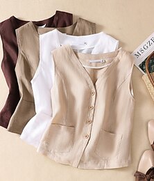 abordables -Gilet en coton et lin pour femme, uni, moderne, décontracté, sans manches, col en V, régulier, pour les vacances, les sorties, boutons, poches, blanc, marron, kaki, abricot, été