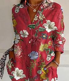 ieftine -Cămașă pentru femei cu guler căptușit tunică cu nasturi mânecă lungă grafică florală vintage tropicală hawaiană fără mâneci cămăși obișnuite de lucru pentru zile obișnuite imprimeu alb-roșu