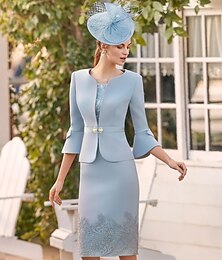 preiswerte -Kleider Kleidersets Mutter der Braut Kleid Formal Hochzeitsgast Elegantes Vintage Schmuckkragen Teelänge Stretchstoff 3/4 Ärmel mit Spitze Perlen Renntag Kleid