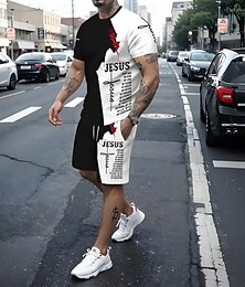 abordables -Semana Santa Hombre Graphic 2 piezas Conjuntos de camisetas Tops de verano Manga Corta Pantalones cortos Cuello Barco Vintage Casual Diario Impresión 3D Verano Negro-Blanco