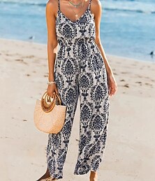 abordables -Salopette normale pour femme, combinaison streetwear, motif floral, sans manches, col en V, dos nu, imprimé, sortie, coupe classique, blanc, été
