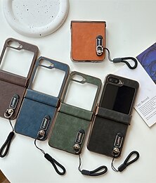 זול -טלפון מגן עבור סמסונג גלקסי Z Flip 6 Z Flip 5 Z Flip 3 כיסוי אחורי עם שרוך עמיד בזעזועים רטרו PC עור PU