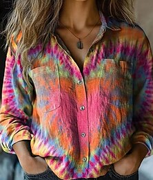 economico -Per donna Camicia Tinta a nodi Elegante Moderno Manica Lunga Colletto a Camicia Top Regolari Quotidiano Ferie Bottoni Tasca Stampato Giallo Viola Arcobaleno Estate