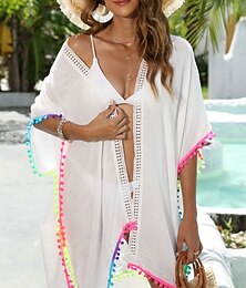 abordables -Maillots de bain pour femmes robe de couverture maillot de bain à ourlet à franges vacances plage vêtements couleur unie à col en V manches courtes maillots de bain