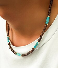 economico -Collana da uomo con perline in legno naturale e dettagli turchesi, stile boho surfista, gioiello regolabile per spiaggia, festival e abiti casual