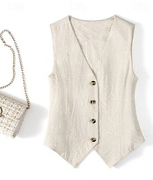 abordables -Gilet en coton et lin pour femme, uni, moderne, sans manches, col en V, régulier, pour tous les jours, pour sortir, boutons, noir, beige, été