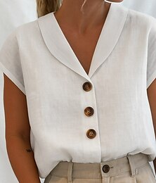 economico -Per donna Camicia Camicie di cotone e lino Camicia di lino Abbottonare Semplice Quotidiano Essenziale Casual Manica Corta Scollo a V Top Regolari Quotidiano Ferie Uscire Bottoni Bianco Estate