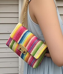 economico -borsa a tracolla intrecciata arcobaleno da donna – borsa a tracolla colorata all'uncinetto con tracolla a catena dorata per outfit estivi, da spiaggia e da vacanza