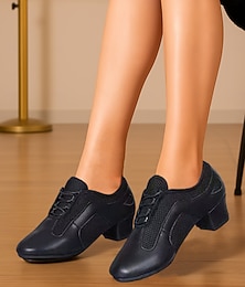 economico -Scarpe da ballo latino da donna in rete nera e similpelle con tacco basso – scarpe da ballo da sala traspiranti con lacci per principianti e professionisti