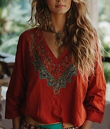 economico -Blusa Boho da Donna Grafico Floreale Bohemia Vintage Tropicale Manica 3/4 Collo a V Top Regolari Rosso Estate Primavera