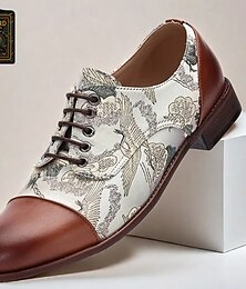 levne -pánské oxfordky z umělé kůže a žakáru - vintage šněrovací společenské boty s potiskem jeřábu pro formální i běžné nošení