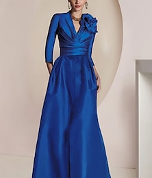 billige -A-Linje Mermaid Skjørt Mor til Bruden Kjole Elegant Vintage Fest Juvel Hals V-Hals Gulvlengde Chiffon 3/4 Lengde Erme Halv Erme med Rysjet Drapering Splitt Front