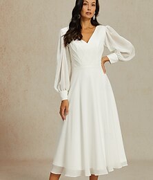 preiswerte -Hochzeitskleider A-Linie V Ausschnitt Langarm Knöchellänge Chiffon Brautkleider Mit Einfarbig 2025