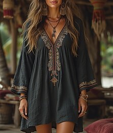 levne -Dámské Bavlněné lněné košile Západní halenka Bez vzoru Čechy Vinobraní Cikánský Dlouhý rukáv Do V Dlouhé topy Denní Dovolená Slátanina Tmavě šedá Léto