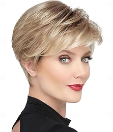 economico -Parrucca corta bionda con taglio pixie per donna, con strato soffice e meches, con radice elasticizzata, parrucca pixie sintetica con frangia per donna, parrucca sostitutiva da indossare ogni giorno