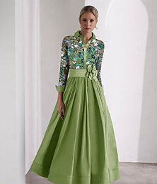 economico -Abiti da cocktail A-Line verde ricamati eleganti abito formale matrimonio lunghezza a terra maniche lunghe colletto a camicia satin con glitter