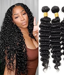 abordables -Lot de 3 mèches de cheveux brésiliens ondulés, trame de cheveux humains Remy