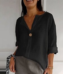 economico -Per donna Camicie di cotone e lino Semplice Quotidiano Elegante Essenziale Manica Lunga Scollo a V Top Regolari Lavoro Quotidiano Ferie Nero Bianco Rosa Primavera Autunno