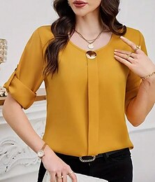 economico -Per donna Blusa Tinta unica Elegante Casual Manica Lunga Scollo a V Top Regolari Lavoro Quotidiano Ferie Nero Bianco Giallo Blu Beige Estate Autunno