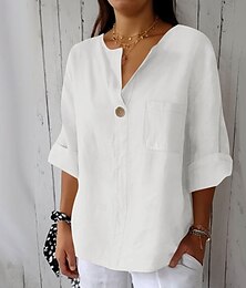 economico -Blusa in Cotone Lino per Donna Colore Solido Elegante Stile Casual Maniche 3/4 Collo a V Top Regolari Quotidiano Vacanza Bottoni Nera Bianca Rosa Blu Beige Estate Primavera