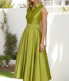 ieftine -Rochii de cocktail A-Line elegantă semi-formală pentru invitați la nuntă lungime până la genunchi fără mâneci cu guler de cămașă rochie verde din satin cu fundițe plisate răsucite
