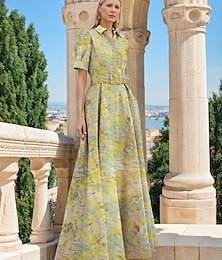 preiswerte -Jacquard Brokat Floral A-Linie Abendkleid Elegantes Kleid Formelle Hochzeit Bodenlang Kurzarm Hemdkragen Nylon mit Gespaltenen Taschen Hochzeitsgastkleid 2025