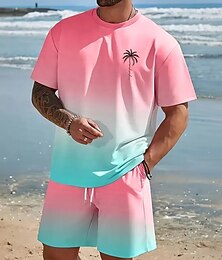 abordables -Homme Palmier 2 pièces Ensembles de tees Hauts d'été Manche Courte Pantalon court Col ras du cou Décontracté Quotidien Resort Vacances Sortir Décontracté Quotidien Col rond Été Rose Claire