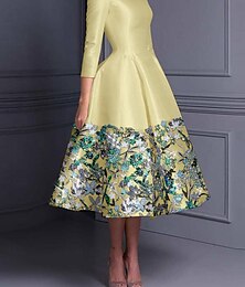 economico -Abito da cocktail elegante a trapezio con ricami floreali, formale, da sposa, lunghezza alla caviglia, manica lunga, scollo rotondo, raso con spacco 2025