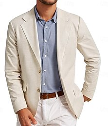 economico -Blazer in lino da uomo moda casual estiva di colore solido blazer beige vestibilità standard monopetto a due bottoni