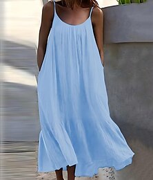 economico -Per donna Abito maxi Abiti in cotone e lino Vestito Casual Vestito Canotta Abito Sottoveste Essenziale Casual Vacanza Quotidiano Vestibilità regolare Semplice Senza Maniche Collo a U Nero Bianco Blu