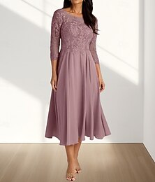 voordelige -A-Lijn Bruidsmoeder Jurk Bruiloft Gast Elegante Crew Hals Theemaat Chiffon 3/4 Lange Mouw met Plooien Applicaties Midi Jurk 2025