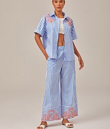preiswerte -Damen Weiblich Durchgeknöpft Hemd Freizeithemd Baum Gestreift Lässig T-Shirt Ärmel Blau Bestickt Knöpfe Kurzarm Elegant Urlaub Lässig Hemdkragen Sommer
