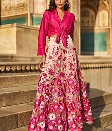 economico -Abiti Eleganti a Due Pezzi Rosa Floreali A-Line Abito da Sera Abito Formale per Invitati al Matrimonio Lunghezza Terra Maniche Lunghe Collo a Camicia Raso con Applicazioni Ricamate