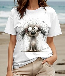 abordables -Mujer Camiseta Graphic Animal Perro Vintage Elegante Clásico Manga Corta Cuello Barco Escote Redondo Tops regulares Diario Fin de semana Estampado Blanco Verano Primavera