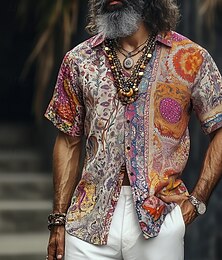 billiga -Herr Blomtryck Indisk Bohem Skjorta Hawaii skjorta Knapp upp skjorta Kortärmad Hawaiisk Semester Helgdag Standkläder Sommar Vår Nedvikt 3D-utskrift krage skjortor Aprikos