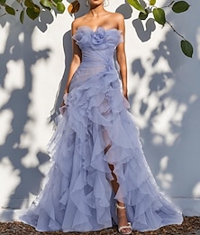 abordables -Sirène / Trompette Robe de Soirée Élégant Robe Formel Mariage Longueur au sol Sans manches Sans bretelles Organza avec Froncé Volants 2025