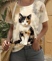 abordables -Mujer Camiseta Graphic Animal Gato Elegante Clásico Moderno Manga Corta Cuello Barco Escote Redondo Tops regulares Diario Noche Fin de semana Estampado Marrón claro Verano Primavera