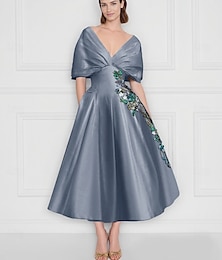 economico -Abiti a Cocktail A-Line Blu Vestito Elegante Cerimonia Nuziale Lunghezza Caviglia Maniche Corte Spalla Scoperta Raso con Stampa Floreale Ricamo Tasca