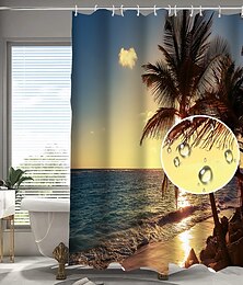 economico -Tenda da doccia con ganci 180cm*180cm(70"*70") in poliestere lavabile impermeabile con motivo paesaggistico di palma al cocco in mare
