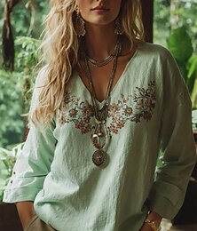 economico -Blusa Boho da Donna Grafica Floreale Paisley Bohemia Vintage Manica 3/4 V Collo Top Regolari Nera Bianca Rossa Verde Estate Primavera
