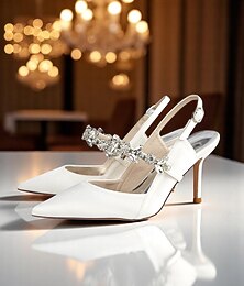 economico -scarpe col tacco da donna in raso bianco con cinturino posteriore e decorazioni in strass – eleganti scarpe a punta per matrimoni e occasioni formali