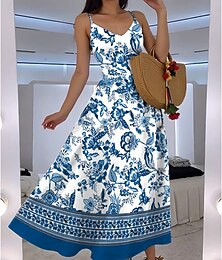 abordables -Femmes Robe maxi Robe trapèze Robe Nuisette Vacances Occasionnel Boho Soirée Sortir Coupe Standard Fleuri Graphique Sans manches Col en V Rouge Bleu Vert Été Printemps
