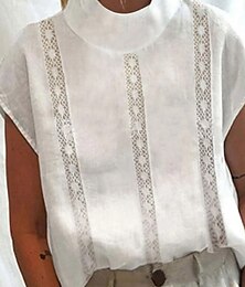 abordables -Chemise Femme en Coton Lin/Similaire au Lin Élégante Bohème Décontractée Chemise à Manches Longues Col Tops Réguliers Quotidien Vacances Sortie Patchwork Blanc