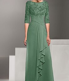 voordelige -Jurken Moeder van de bruid jurk Elegant Strakke ronde hals Tot de grond Polyester 3/4 mouw met Effen kleur 2025