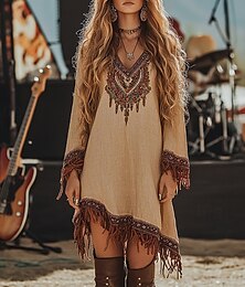 preiswerte -Damen Midikleid Boho-Kleid Druckkleid Westernkleid Mode Modern Outdoor Ferien Normale Passform Blume Langarm V Ausschnitt Khaki Sommer