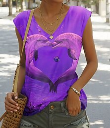 abordables -Camiseta sin mangas para mujer Sea of Hearts de Vincent Hie, con estampado animal, estilo informal, sin mangas, cuello en V, estampado diario, color morado, para verano y primavera.