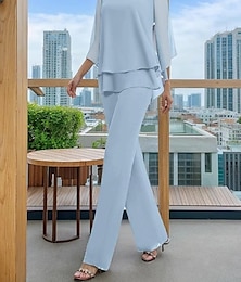 voordelige -Tweedelig Moeder van de bruid jurk Elegant Eenvoudig minimalistische Strakke ronde hals Tot de grond Chiffon Halve mouw met Gelaagde ruches 2025