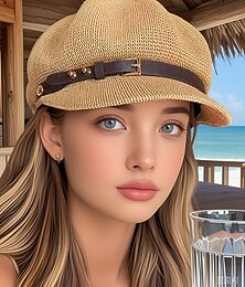 abordables -Gorra de vendedor de periódicos de paja transpirable para mujer: sombrero de playa ligero de verano con hebilla de cuero sintético para viajes casuales y protección solar.